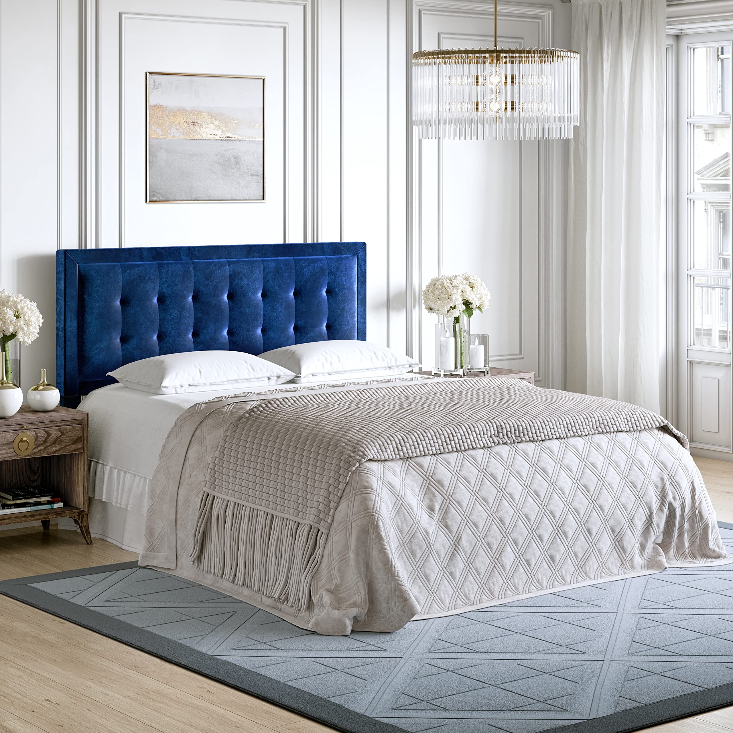 Boyd Sleep Platform Bed Frame Mattress Foundation Accessory: Zoey Upholstered Button Tufted Headboard, Velour, Grey/Charcoal, Queen